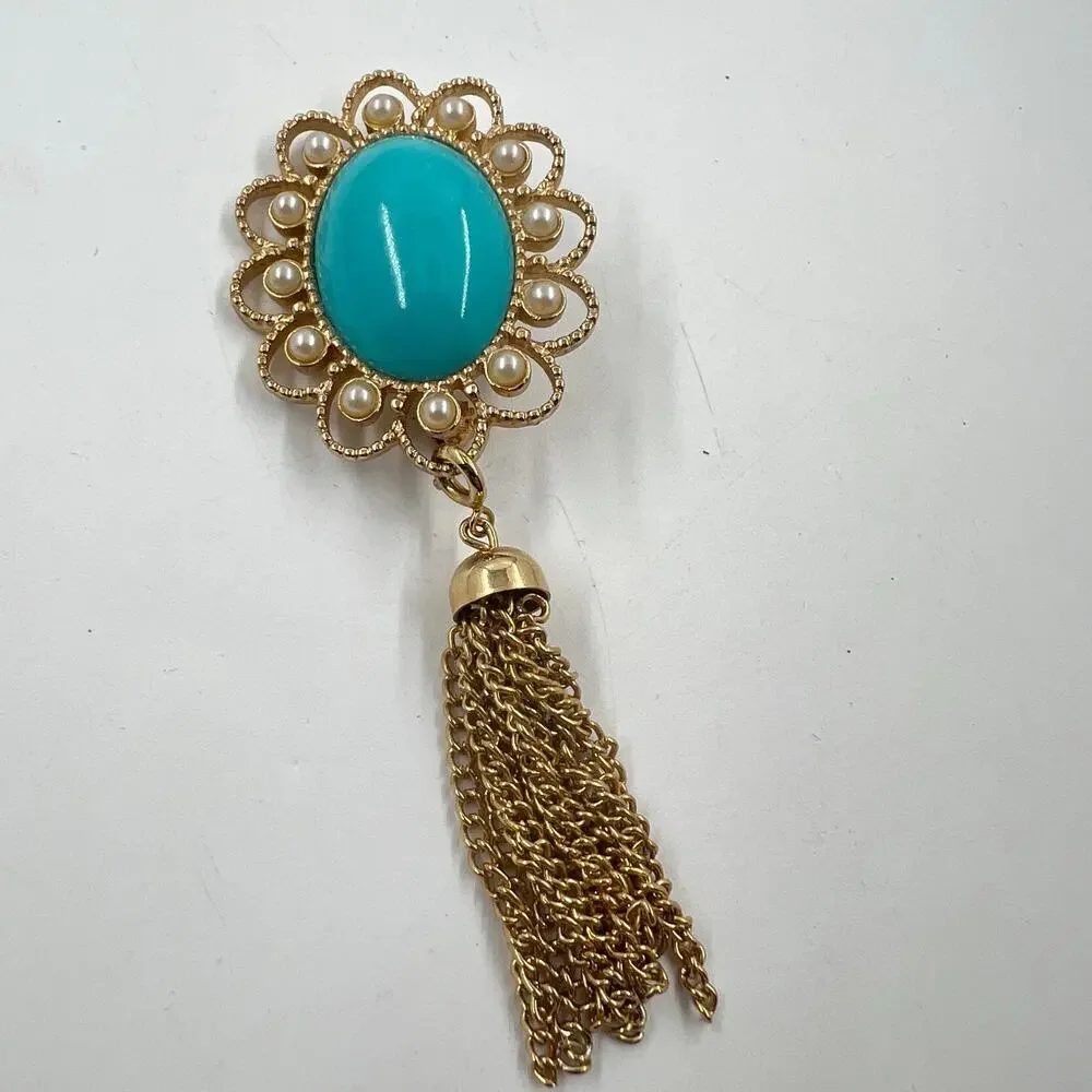 Sarah Coventry Magic Moods Faux Turquoise Brooch Gold Tone Chain Tassel 1973